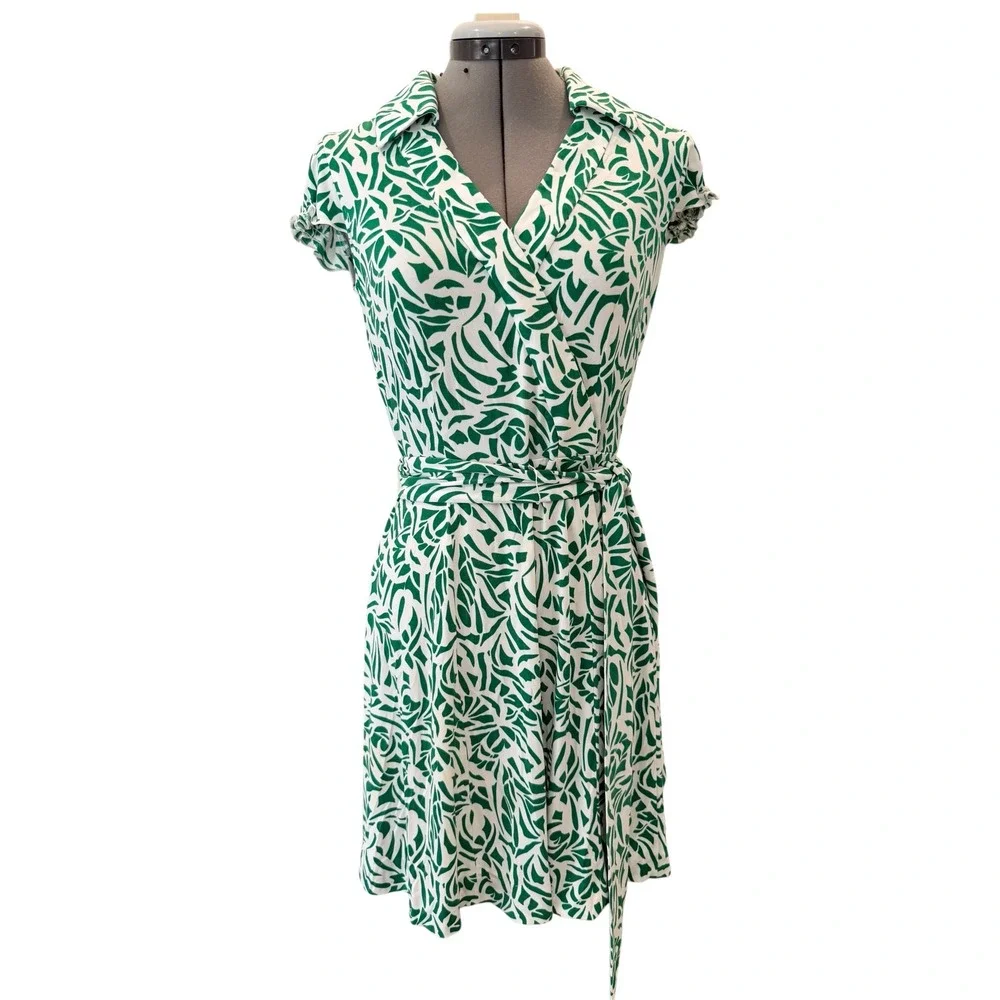 Tahari‎ Arthur S. Levine Green White Abstract Leaf Faux Wrap Dress Womens 4